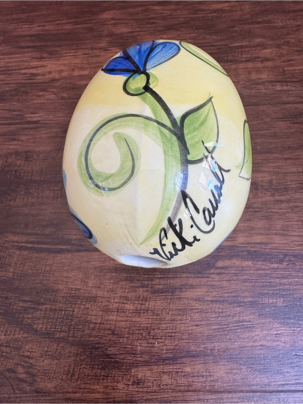 Vicki Carroll Hand-Painted Ceramic Decorative Egg with Blue Floral Design - Picture 2 of 6
